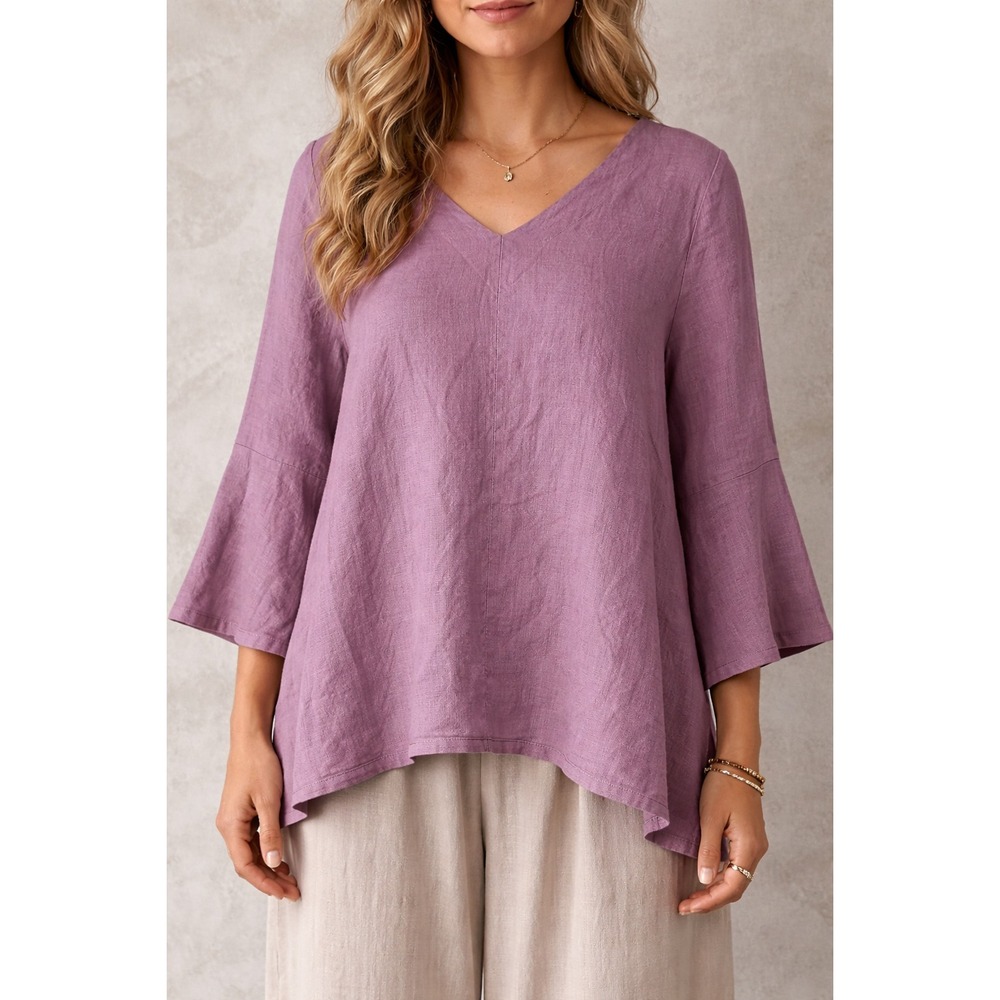 Bryn Walker 100% Linen Purple Top M 3/4 Bell Sleeve Hi Low Lagenlook Tunic Boho